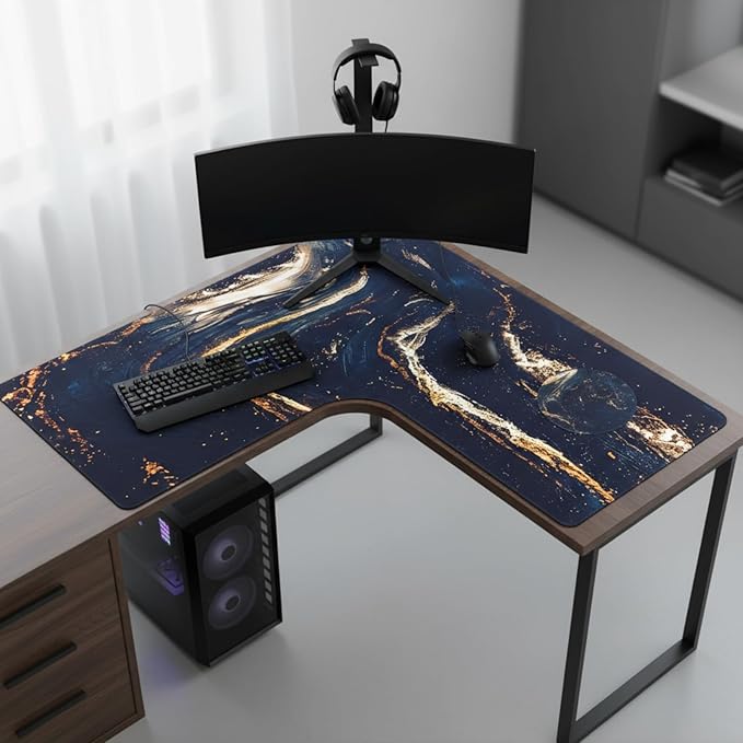L Shaped Desk Mat for Corner, Large Extended Mouse Pad with Non-Slip Rubber Base, Black Waterproof Desk Protector for Office & Gaming Setup