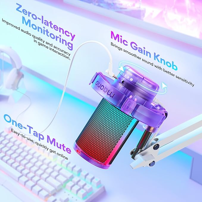 MAONO USB Gaming Microphone with Noise Cancellation, RGB Condenser Microphone for Streaming, Podcasts, Twitch, YouTube, Discord, PC, Computer, Mac, PS4, PS5, DGM20S Purple