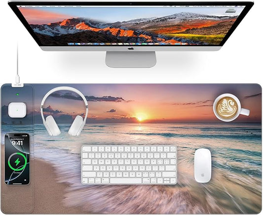 Wireless Charging Mouse Pad, 31.5"x15.8" Large Gaming Desk Mat for Keyboard/Laptop, Waterproof Ultra-Smooth Surface, Non-Slip Base, Beach Sunset