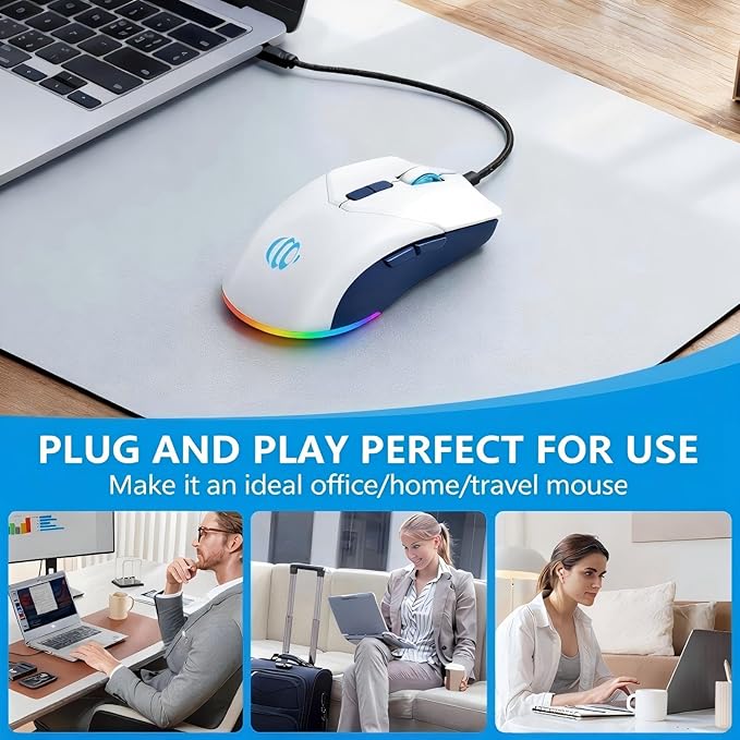 Wired Mouse, USB Computer Mouse 1600 DPI Mobile Optical Mouse Ergonomic Design Computer Mice with Cord for Laptop, PC, Desktop, MacBook, 7 Buttons (White)