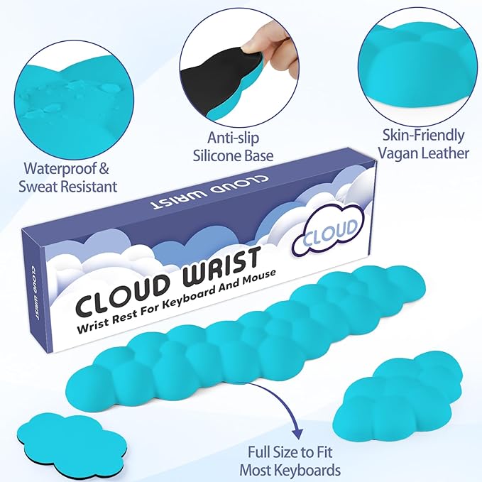 Sushret Cloud Wrist Rest for Keyboard and Mouse, Memory Foam PU Leather Keyboard Wrist Rest with Ergonomic Support, Non-Slip Base, Cute Arm Rest Pad & Palm Cushion, Office Desk Accessory, Scuba Blue
