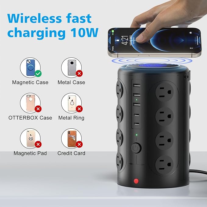 Tower Power Strip with 15W Wireless Charger, 20FT Extension Cord, 16 AC Outlets & 5 USB Ports (2 USB C) - Surge Protector for Office, Home, Dorm Room (Black)