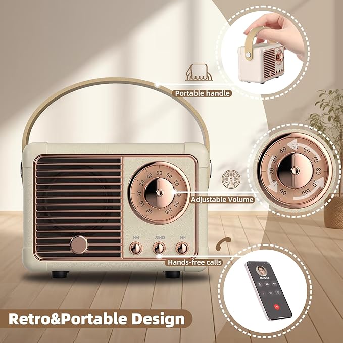 Speaker Retro Female Friend Birthday Gift Ideas Portable Wireless Speaker Gifts for Women,Girls,Friend Old School Style Small Support USB/TF/AUX for Antique Bedroom,Kitchen,Office,Desk Decor(Beige)