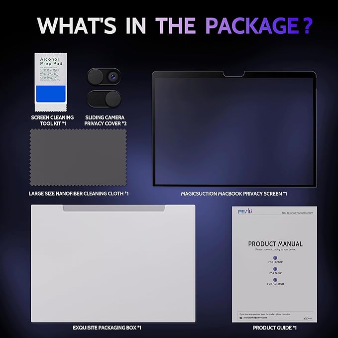 Peslv Privacy Screen for MacBook Pro 13 In (2016-2022, M1, M2) & MacBook Air 13 Inch (2018-2021, M1), MagicSuction™ Removable Anti Spy Black Protector, Glare Blue Light Filter for Mac Laptop Computer