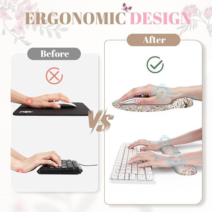 iCasso Desk Mat Set,Large Mouse Pad with Wrist Rest,Ergonomic Keyboard Wrist Support for Women,Girly Floral Computer Mat with Scalloped Edges,Non-Slip Desk Pad Home Office Gaming (Beige)