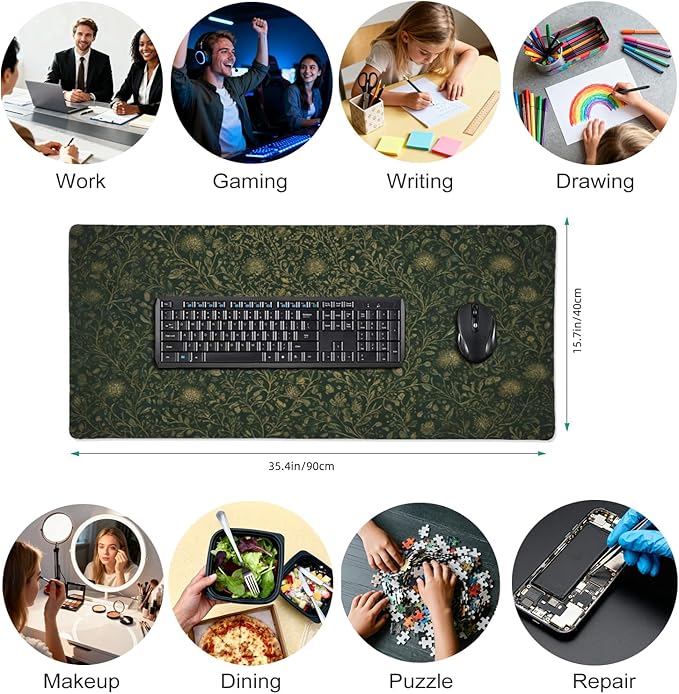 Dark Green Floral Desk Mat Gold Flowers XXL Large Desk Pad - Anti-Slip Stitched Edges Mouse Pad for Women, Office & Home, Extra Big Computer Keyboard Mat for Desktop, Aesthetic Office Decor