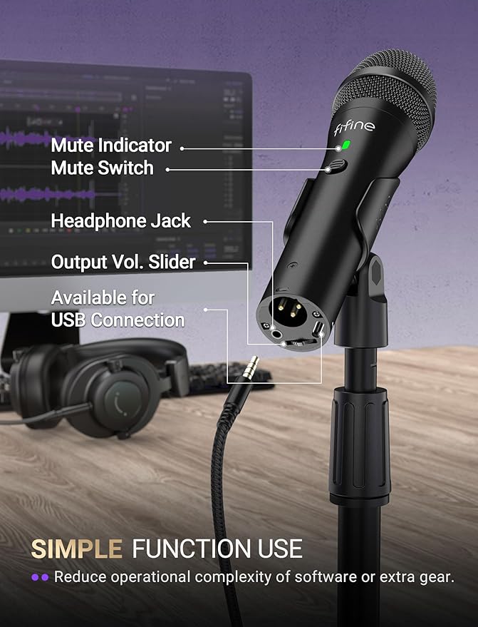FIFINE USB/XLR Dynamic Microphone for Podcast Recording, Studio Handheld Mic Set with Desktop Stand for Vocal, Voice Over, Streaming, Black-AmpliTank TANK2