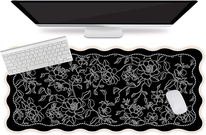 L-SPOUTTO Vintage Floral Mouse Pad,Aesthetic Scalloped Desk Mat XXL Large Gaming Mousepad,35.4x15.7in Non-Slip Keyboard Pad Waterproof Desktop Mat for Laptop Computer Work Game Home Office-Black