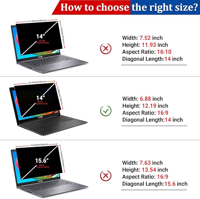 PYS Laptop Privacy Screen Shield 14 Inch, Privacy Screen Protector for 14In Laptop 16:9 Aspect Ratio,Anti Glare/Blue Light/Scratch Compatible with Lenovo/HP Envy/Dell/Acer/Samsung/Asus/Toshiba