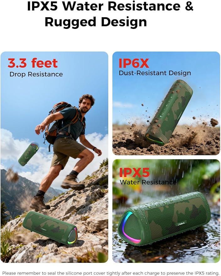 Bluetooth Speaker with HD Sound, Portable Wireless, IPX5 Waterproof, Up to 20H Playtime, TWS Pairing, BT5.3, for Home/Party/Outdoor/Beach, Electronic Gadgets, Birthday Gift (Camo)