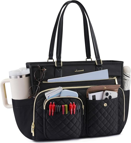 LOVEVOOK Tote Bag, Work Bags for Women with Large Cup Holder, Large Capacity Teacher Tote with Multi Pockets, Water Resistant Nurse Diaper Tote with Padded Laptop Compartment, 15.6 Inch Black