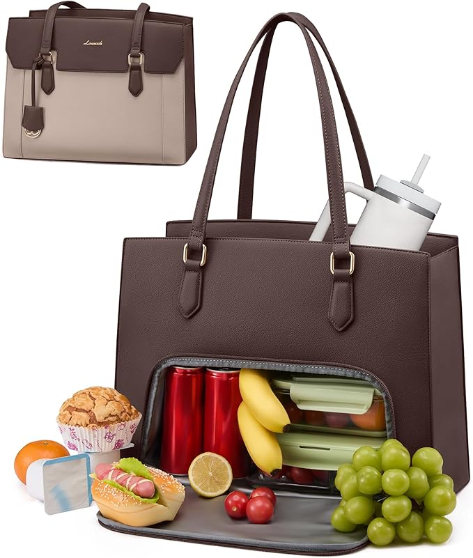LOVEVOOK Lunch Tote Bag for Women, 15.6 Inch Laptop Work Bag with Insulated Lunch Compartment, Large Capacity Computer Handbag with Cup Holder for Business, Nurse, Teacher, Mommy