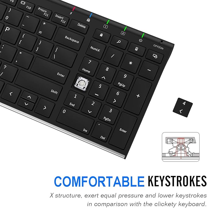 Arteck USB Wireless Keyboard Stainless Steel Ultra Slim Keyboard with Numeric Keypad for Computer/PC/Laptop and Windows 11/10/8 Rechargeable Battery