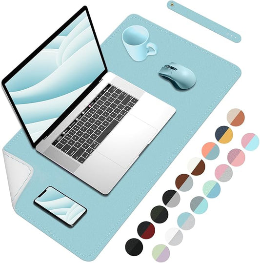 Bleswin Double-Sided Desk Mat, 23.6''×13.8'', PU Leather Mouse Pad, Waterproof Desk Pad, Laptop Leather Desk Mat, Protector for Keyboard and Mouse for Office and Home (Blue+Slivery)