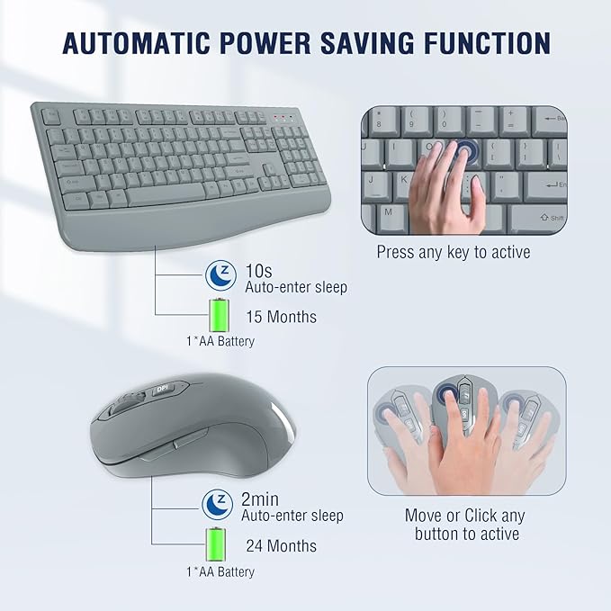 Wireless Keyboard and Mouse Combo, Full-Sized 2.4GHz Wireless Keyboard with Comfortable Palm Rest and Optical Mouse for Windows, Mac OS PC/Desktops/Computer/Laptops (Gray)