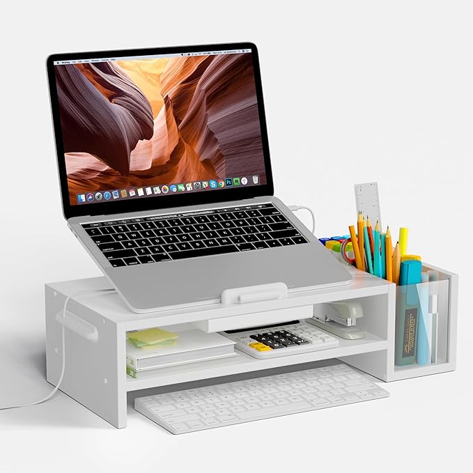 AFOOYO Adjustable Wood Laptop Stand, Ergonomic Height & Angle Computer Riser with Pen Holder – Compatible with MacBook Air/Pro, Dell, HP, Lenovo & 10-17.3" Notebooks – White