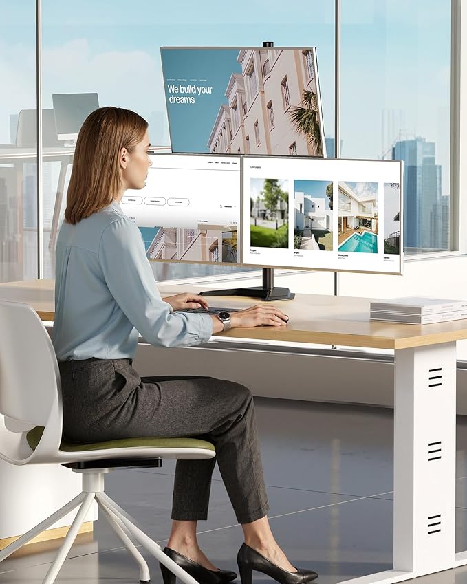monTEK Stable Triple Monitor Stand, Free Standing Fully Adjustable Desk Mount for 3 Screen up to 17”-32” and 22lbs Capacity Each Arm, Heavy Duty Base, VESA 75x75mm/ 100x100mm