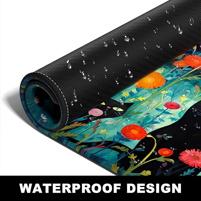 BOSOBO Large Mouse Pad, Desk Pad, XXL XL Extended Gaming Mouse Pad, Desk Mat for Office & Home, Long Keyboard Mat, Huge Mouse Pad, Desktop Full Cover 35.5 x 15.7 Inches, Black Cat and Folwers