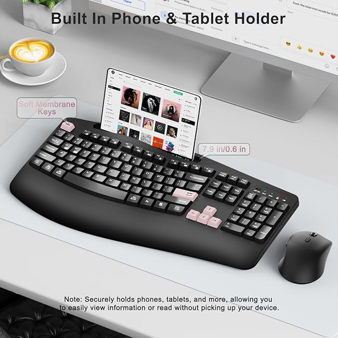 Wireless Keyboard and Mouse Combo, 2.4G Full Size Wave Keys Ergonomic Keyboard with Wrist Rest, Phone Holder, 3-Level DPI Wireless Silent Mouse with 6-Buttons, for Windows (Pink)