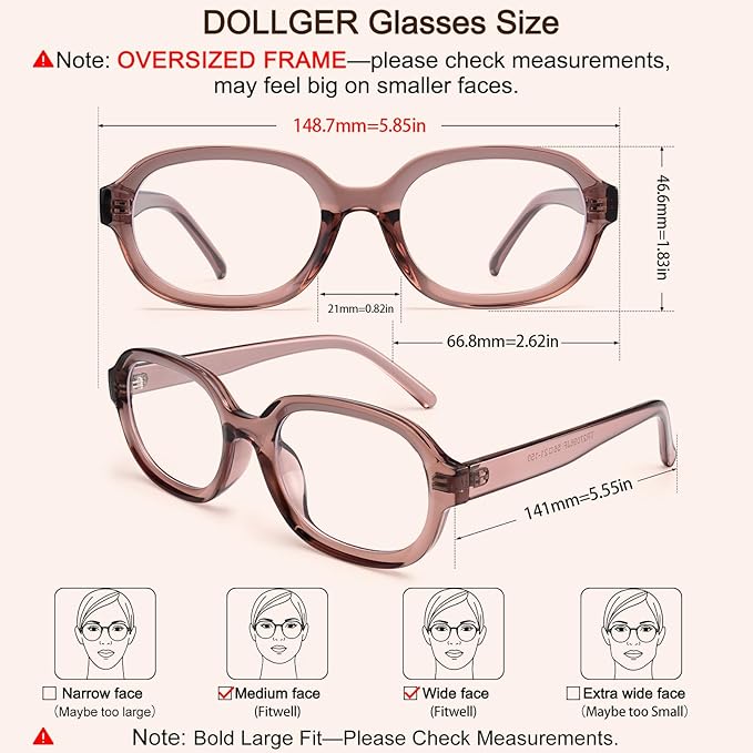 Dollger Blue Light Glasses for Women Oversized Oval Fashion Computer Glasses Retro Chunky Frame Clear Lens