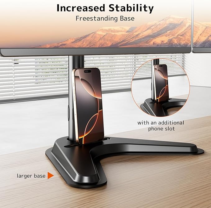 Triple Monitor Stand, Heavy Fully Adjustable Motion Mount Fits 3 Screens up to 27 inch, Free Standing Desk Stand with Base and Cable Management, 22 lbs Weight Capacity per Arm, Black