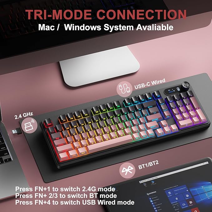 BlueFinger Wireless Gaming Keyboard, RGB Backlit, Tri-Mode Bluetooth/2.4G/USB-C, 98 Keys Quiet Keyboard with Number Pad, Volume Knob & Screen, Side Printed PBT Keycaps for PC/Mac/Laptop