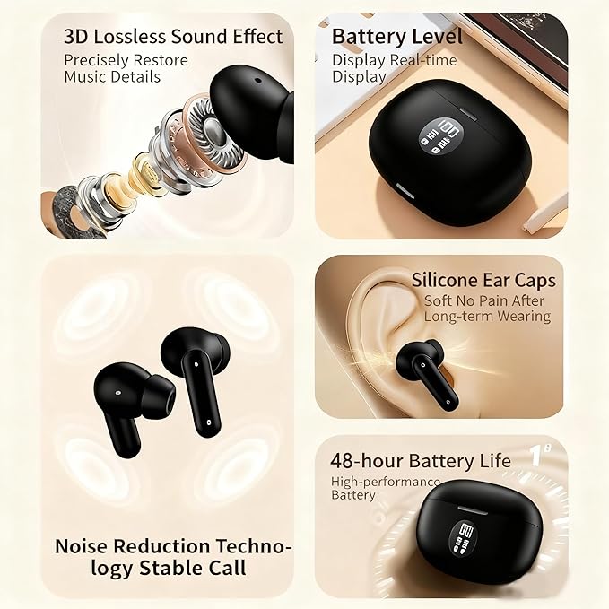 Wireless Bluetooth Noise-Canceling Earbuds Bluetooth 5.3 High-Fidelity Stereo LED Display in-Ear Headphones 48-Hour Battery Life Ideal for Fitness, Running, and Work