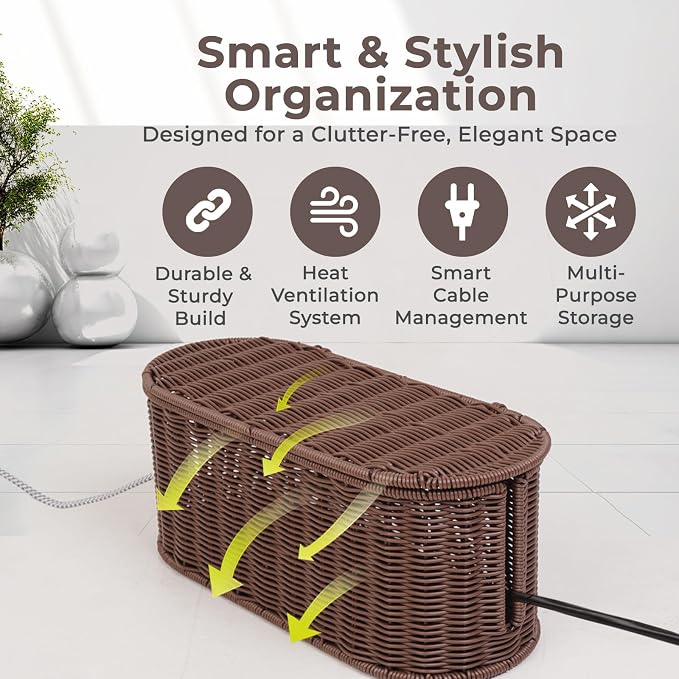 Cable Management Box, Handmade Rattan Cable Organizer, 2 Open Slots Cords Hider Box, Under Desk Cord Organizer for Computer Router USB Hub & Power Strip, Patent Pending, 15.9" x 6.5" x 6.5", Brown - Image 4