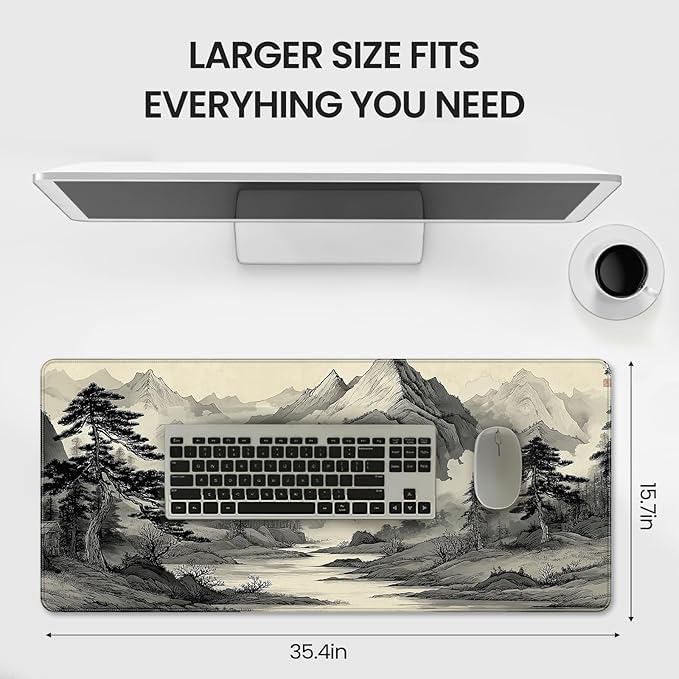 35.4 x 15.7 Inches Chinese Ink Painting Mountain Landscape Gaming Mouse Pad, XXLExtended Desk Mat with Non-Slip Rubber Base