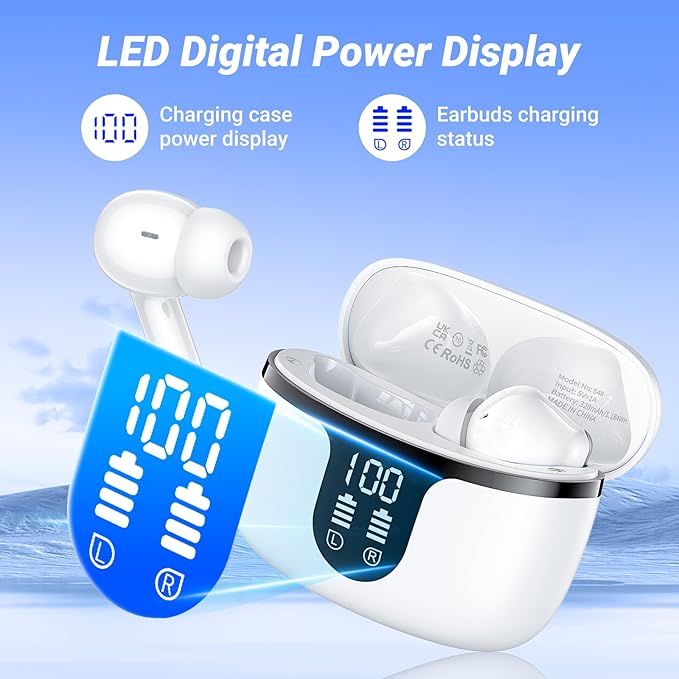 Wireless Earbuds Bluetooth 5.4 Headphones HiFi Stereo 42H Playback in Ear with 4 ENC Noise Cancelling Mic, IPX7 Waterproof and LED Battery Display Screen for Running Fitness Office Ear Buds in White