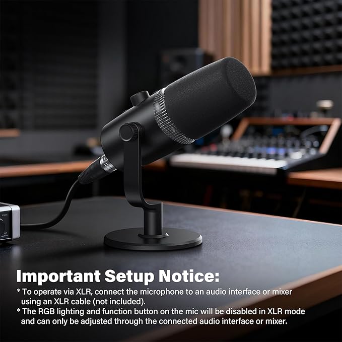 USB/XLR Dynamic Microphone Podcast & Gaming Microphone for PC, Vocal Mic with RGB Lighting, Tap-to-Mute, Gain Control & Headphone Monitoring for YouTube Streaming