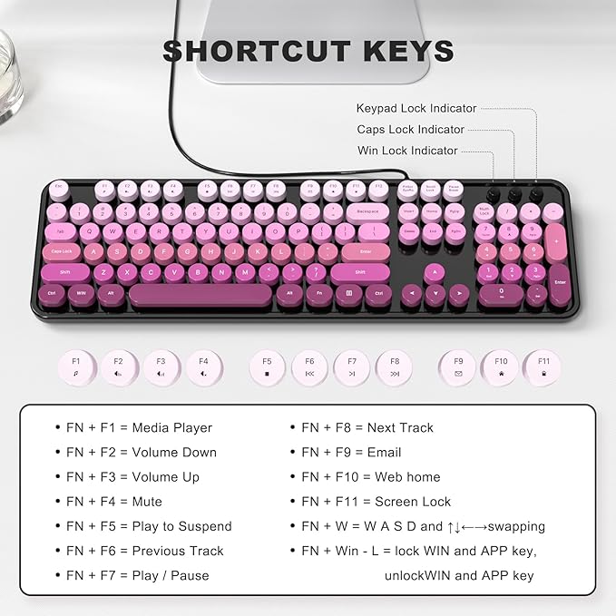 Dliter Wired Keyboard, 104 Keys Full Size Typewriter Keyboards, USB Plug and Play Office Keyboard with Number Pad, Caps Indicators, Foldable Stands for Windows, PC, Laptop (Black Pink)