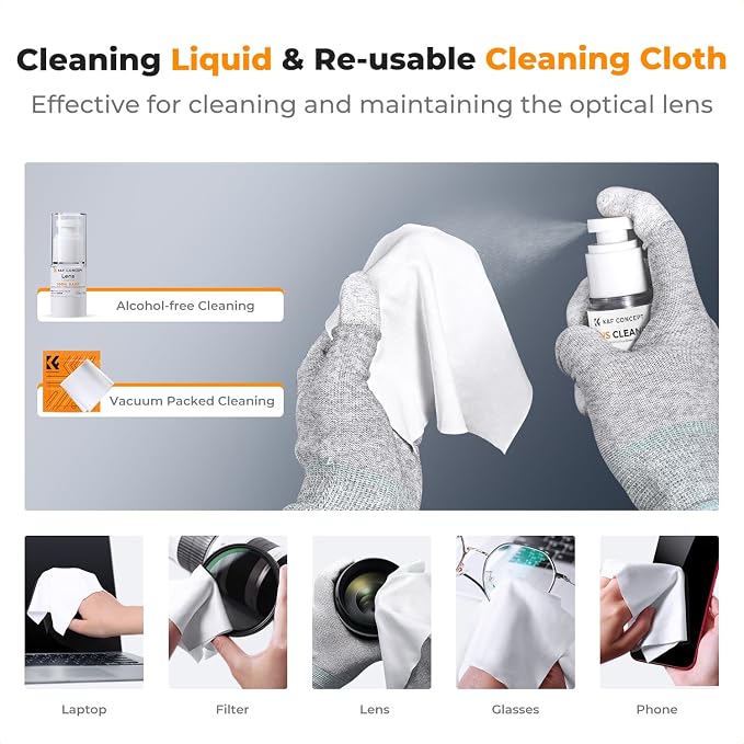 K&F Concept Professional Camera Cleaning Kit - Sensor Cleaner, APS-C & Full-Frame Swabs, Air Blower, Lens Brush, Gloves, Lens Cloths, Carry Case, Lens Cleaning Kit for FF DSLR & Mirrorless Cameras - Image 4