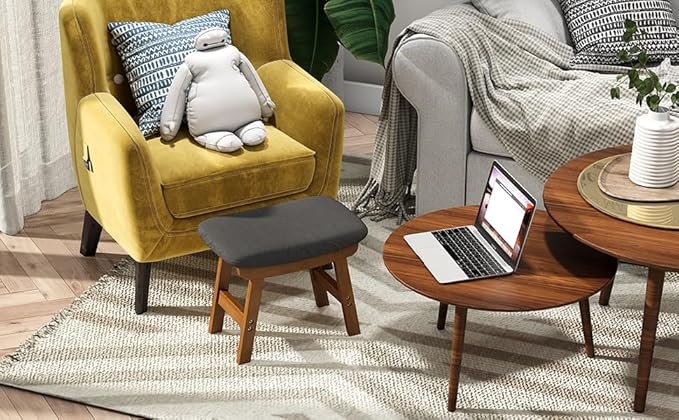 viewcare Gray Foot Stools Ottoman, Small Soft Footrest Ottoman with Wood Legs, Wood Foot Stool for Living Room, Bedroom, and Kitchen