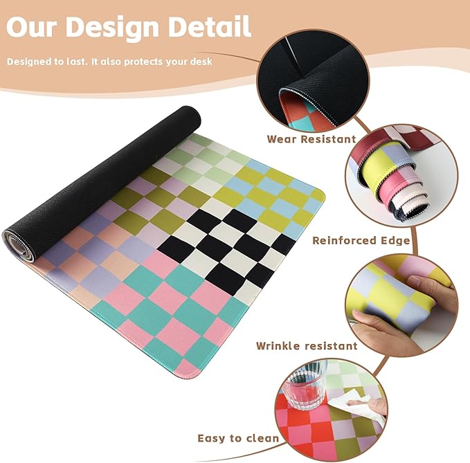 Baziabbo Checkered Desk Mat,XXL Extended Big Mouse Pad,Gaming Mousepad with Stitched Edge,Non-Slip Rubber Base Keyboard Desk Pad for Home Office Study Game
