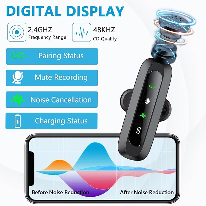 Wireless Microphone Mini Mic for iPhone/Android Phone, LED Display Lavalier Microphone for Video Recording Clip on Lapel Lav Mics Vlog YouTube TikTok