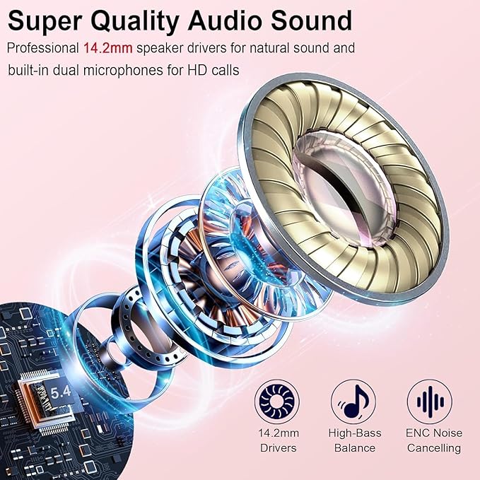Wireless Earbuds, Bluetooth Headphones V5.4 Stereo Bass Ear Buds with ENC Noise Cancelling Mics,30H Bluetooth Earbuds with LED Display Charging Case, IP7 Waterproof Earphones for Android iOS【Mini】