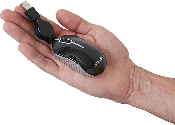 Verbatim Wired Optical Computer Mini USB-A Mouse - Plug & Play Corded Small Travel Mouse with Retractable Cable ?€? Blue 98616