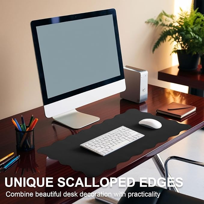 Scalloped Desk Mat Leather Desk Pad Protector Non-Slip PU Leather Table Protector Waterproof Mouse Pad Keyboard Mat Curly Mousepad PC Accessories Gift for Office Home (Black)