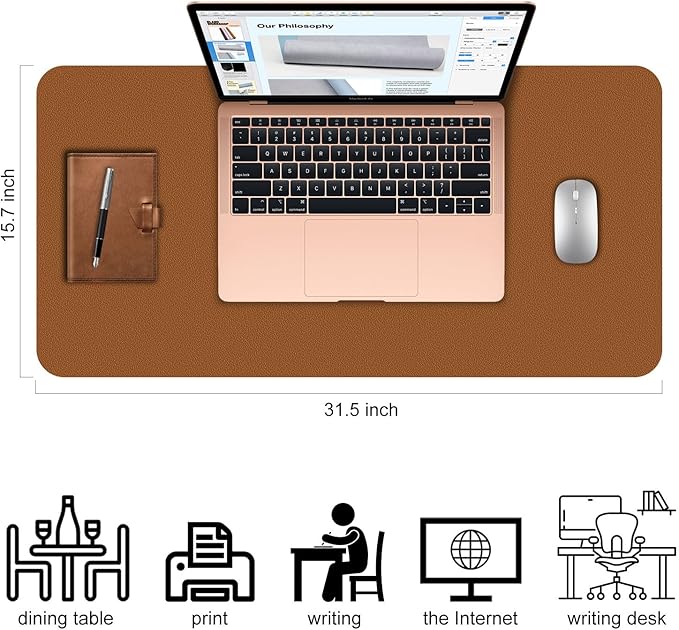 Desk Pad,Large Mouse Pad, Non-Slip PU Leathers Writing Pad,Desktop Protection Pad,Computer Desk Pad, Waterproof Table Mat, Desk Mat for Office and Home Writing (Brown;31.5"x 15.7")