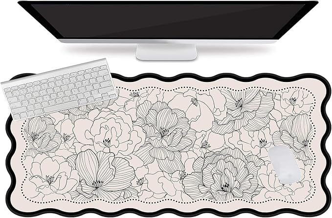L-SPOUTTO Vintage Floral Mouse Pad,Aesthetic Scalloped Desk Mat XXL Large Gaming Mousepad,35.4x15.7in Non-Slip Keyboard Pad Waterproof Desktop Mat for Laptop Computer Work Game Home Office-Peony Beige
