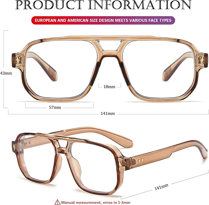 PORADAY Blue Light Blocking Glasses for Women Men 70s Retro Square Aviator Eyeglasses Rectangle Computer Eyewear