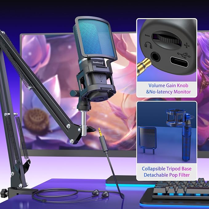 ZealSound Gaming Microphone, USB Mic for PC with Noise Cancellation, RGB, Mute, Gain Control, Zero-Latency Monitoring, Boom Arm, Tripod Stand & Pop Filter, for Mac, iPhone, Streaming, Twitch, YouTube