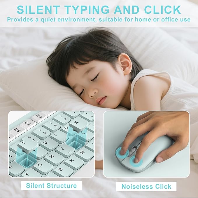 Wireless Keyboard and Mouse Combo, Full-Sized Wireless Keyboard and Adjustable DPI Mouse, 2.4GHz USB Receiver, Keyboard and Mouse for PC, Windows, Desktop, Laptop (Mint Green and White)