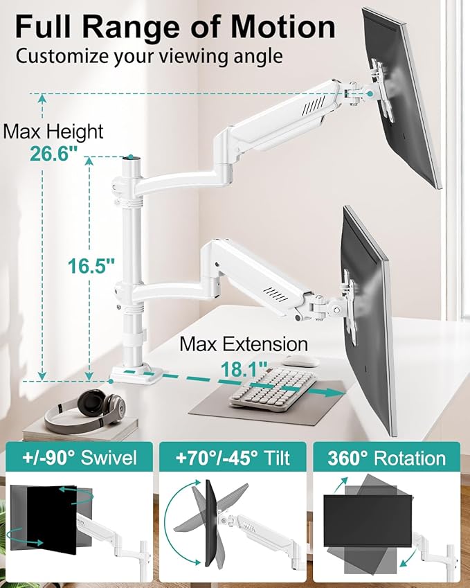 Dual Monitor Stand for 2 Screens up to 32 inch, Vertical Stacked Dual Monitor Mount, Full Motion Adjustable Tall Double Monitor Desk Mount, Each Arm Holds 4.4-22lbs, VESA 75/100mm, White, Freelift