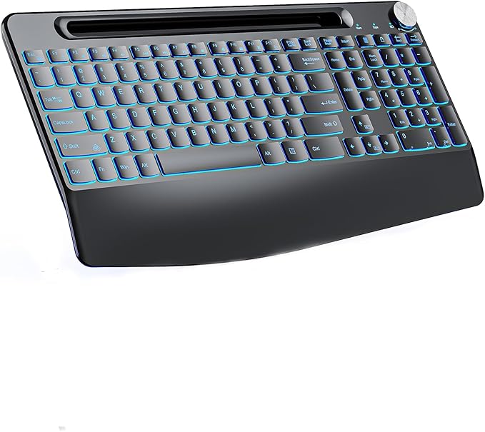 JOMAA 2.4G Wireless Silent Keyboard, Rechargeable,with 7 Colored Backlits &Phone Holder &Wrist Rest,Lighted up Full Size Keyboard for Mac Windows Laptop PC