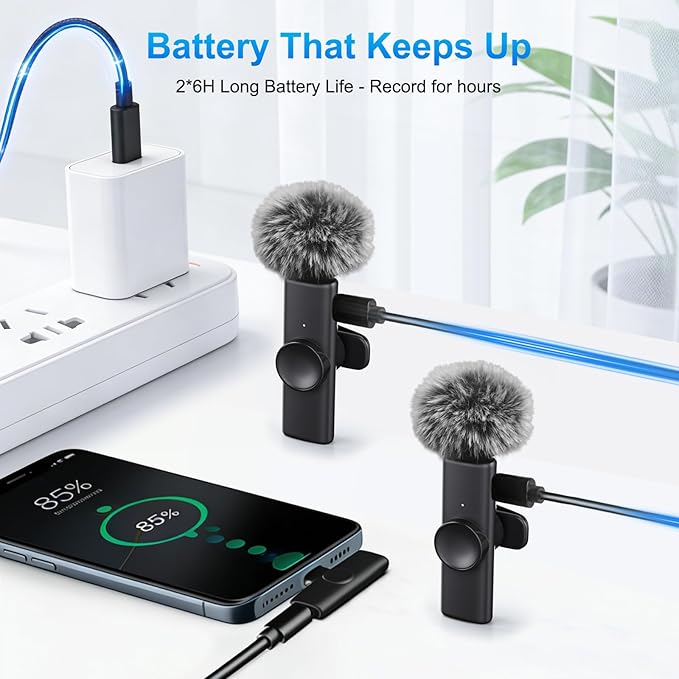 2 Pack Wireless Lavalier Microphone for iPhone iPad Android, Plug & Play Lapel Mic with Noise Reduction, Professional Mini Mic for Video Recording, YouTube TikTok Vlog Podcast Interview Livestream