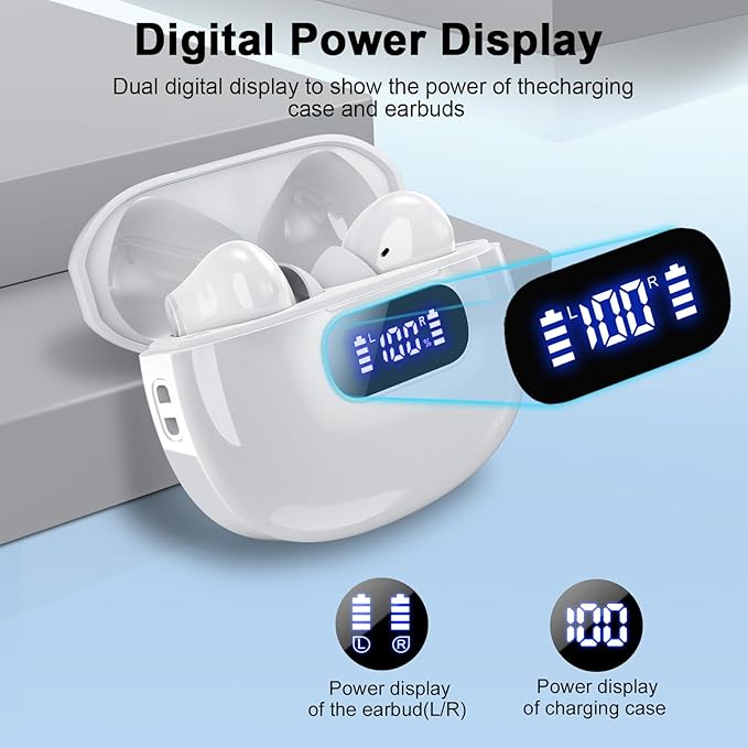 Wireless Earbuds, Bluetooth 5.3 Headphones LED Power Display, 2025 New Wireless Earphones, 4 ENC Noise Cancelling Mic, HiFi Stereo, 48H Playtime Mini Case IP7 Waterproof for Work & Play