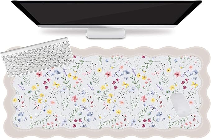 L-SPOUTTO Floral Mouse Pad,Botanical Desk Mat XXL Large Scalloped Gaming Mousepad,35.4x15.7in Non-Slip Keyboard Pad Waterproof Desktop Mat for Laptop Computer Work Game Home Office-Wild Flowers