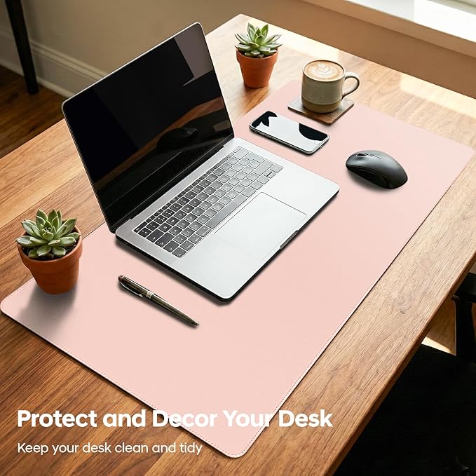 Leather Desk Pad Protector, Office Desk Mat, Large Mouse Pad, Non-Slip PU Leather Desk Blotter, Waterproof Computer Desk Writing Pad for Office and Home (Lighr Pink, 36" x 17")